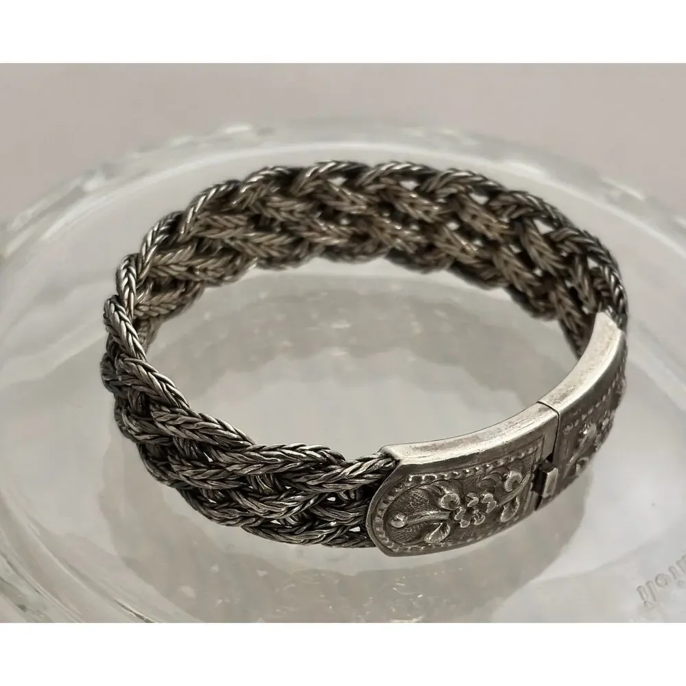 Vintage Sterling Silver Floral Clasp Braided 8” Bracelet 60g - Picture 6 of 7